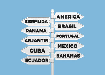 Travel concept America continent, road sign showing holiday countries. On light blue color background. Horizontal composition. The background is an endless backdrop. Isolated with clipping path.