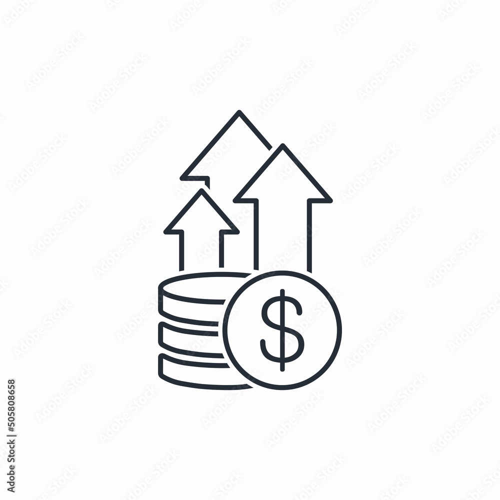 Poster stack of coins and up arrows. a perspective, developing financial direction. vector linear icon isol