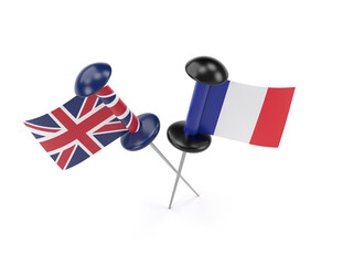 English and French flags. On white-colored background. Horizontal composition with copy space. Isolated with clipping path.