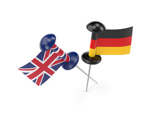 English and German flags. On white-colored background. Horizontal composition with copy space. Isolated with clipping path.