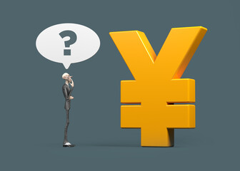 Orange color yen symbol, question mark, and 3d character. On dark green color endless backdrop. Horizontal composition. ısolated with clipping path.