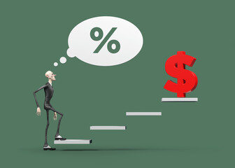 Red color dollar symbol and 3d character, success concept. On green color endless backdrop. Horizontal composition. ısolated with clipping path.