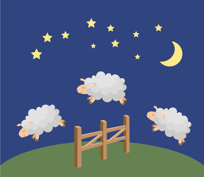 Cute cartoon three sheep jumping over fence at night. Counting sheep to fall asleep. Good night sleep metaphor poster. Vector illustration.