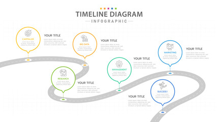 Infographic template for business. 6 Steps Modern Timeline diagram with road journey concept, presentation vector infographic. - obrazy, fototapety, plakaty