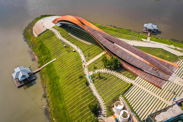 Aerial view of Pa San bridge (or Pasan bridge) on the Chao Phraya River in Nakhon Sawan, Thailand