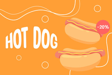Poster with Hotdog. Banner with Bun with sausage and mustard. fast food. Vector illustration in cartoon style. Flyer for street food.