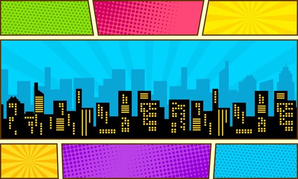 Comic cartoon background with city silhouette