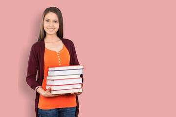 Young fun student woman wear shirt holding books notebooks