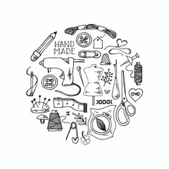 Handmade vector composition - vintage elements in stamp style and sewing machine with hand made lettering.