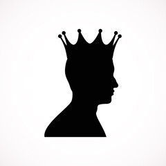 Fairy tale king or prince wearing royal crown - noble man black and white vector silhouette head portrait