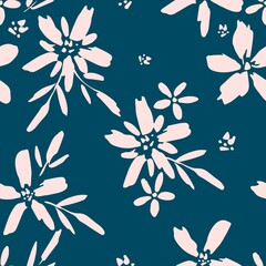 Simple delicate floral vector seamless pattern. Small pink flowers, twigs on a dark blue background. For prints, fabrics, textiles, clothes.
