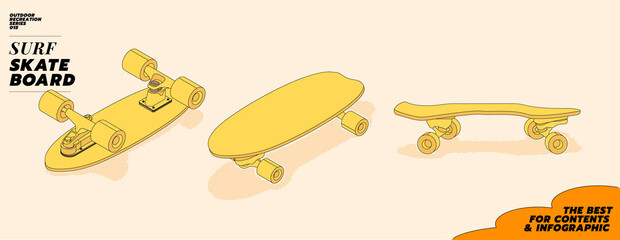 Modern flat illustration of surf skateboard deck from various angles. © ADB Garage Works