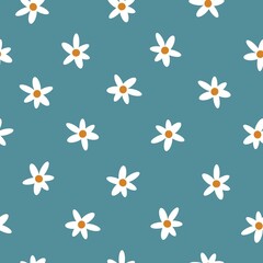 Simple vintage pattern. White flowers.  blue background. Fashionable print for textiles, wallpaper and packaging.