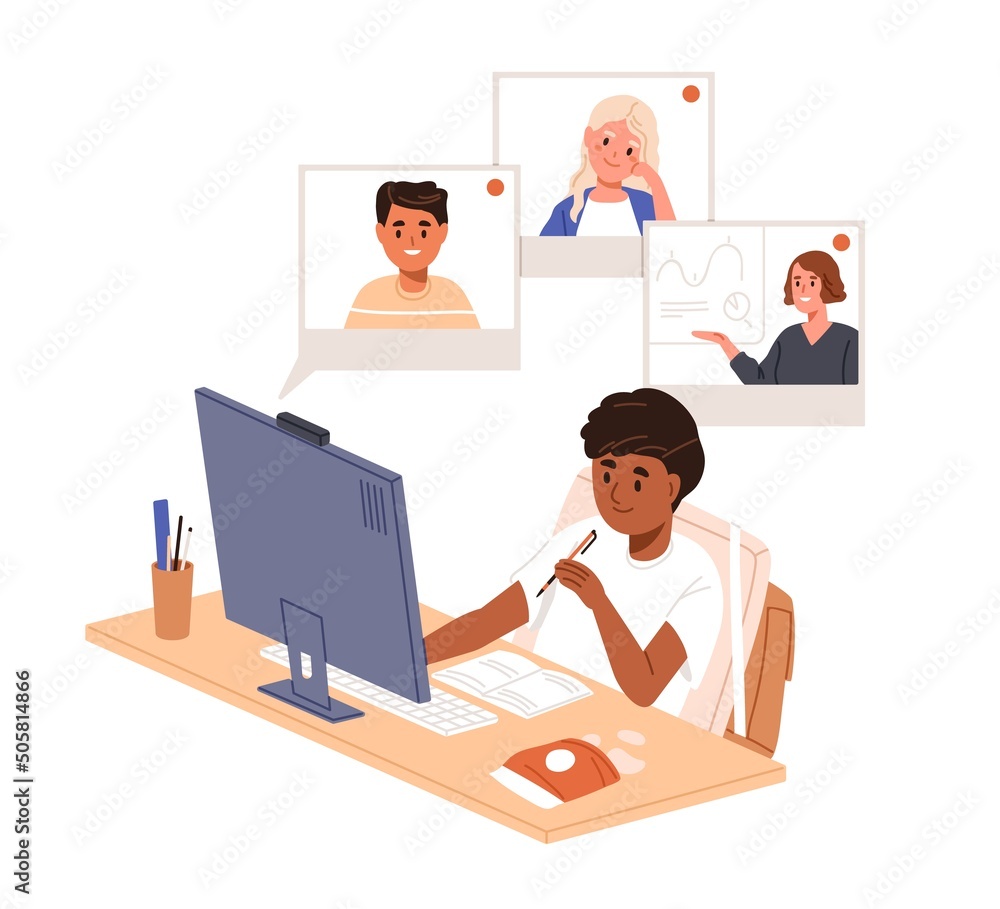 Poster School child studying at online lesson via internet, sitting at computer at home. Boy at desk during video call with class and teacher. Flat graphic vector illustration isolated on white background