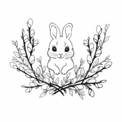 Small spring Easter bunny surrounded by willow branches, an Easter willow and a nest, a white hare hand-drawn on a white background to print a cartoon symbol of the symbol of spring holiday, coloring