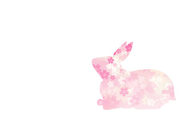 見上げるうさぎ（座る）、桜と和柄のシルエット