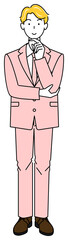 前向きに決策を考えているスーツ姿の可愛い男性 全身 立ち姿 イラスト ベクター
A cute guy in a suit thinking of a positive resolution. Full body standing illustration Vector
