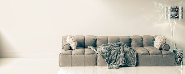 Cosy Sofa with Deco & Wall Mock Up -  Copy Space Backgound