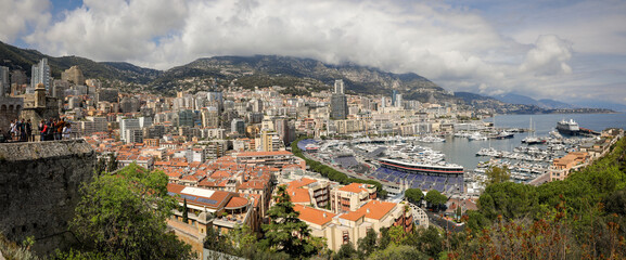 Panorama with the Monaco city and port during a spring sunny day with the F1 circuit construction...
