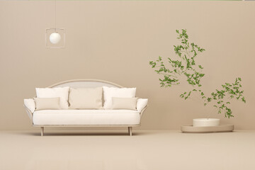 Armchair and plant pot concept in plain monochrome beige color. Light background with copy space. 3D rendering for web page, presentation or studio, minimalist.
