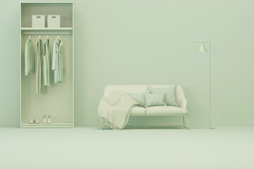 Creative interior design in green studio with wardrobe and armchair. Pastel blue color background. 3D rendering for web page, presentation or picture frame
