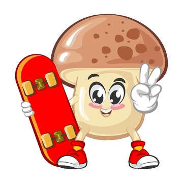 vector illustration of cute mushroom mascot carrying a skateboard with a wave of peace sign