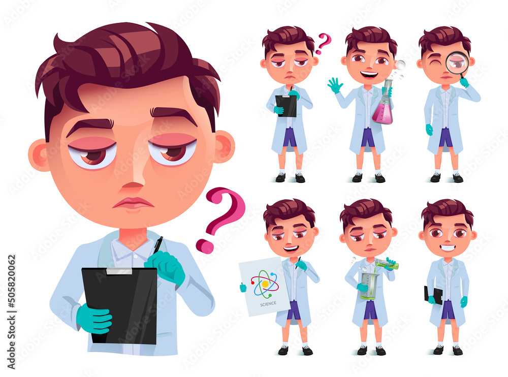 Poster student boy vector character set design. male characters scientist collection in lab coat with frien