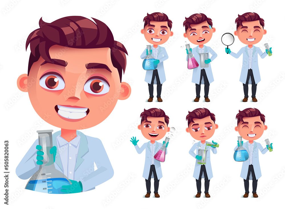 Aufkleber student scientist vector character set. boy characters in lab coat holding beaker and test tubes for