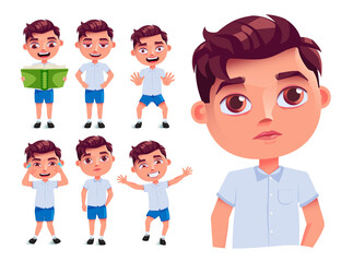 School boy vector character set design. Male student characters collection in friendly and thinking expression isolated in white background for back to school education. Vector illustration.
