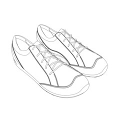 The contour of sports sneakers from black lines isolated on a white background. Isometric view. Vector illustration.