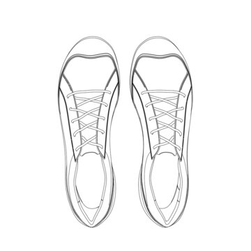 The Contour Of Sports Sneakers From Black Lines Isolated On A White Background. View From Above. Vector Illustration.