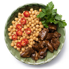 Turkish Food Chickpeas with Meat in bowl isolated on white background. Traditional delicious Turkish foods. Etli nohut