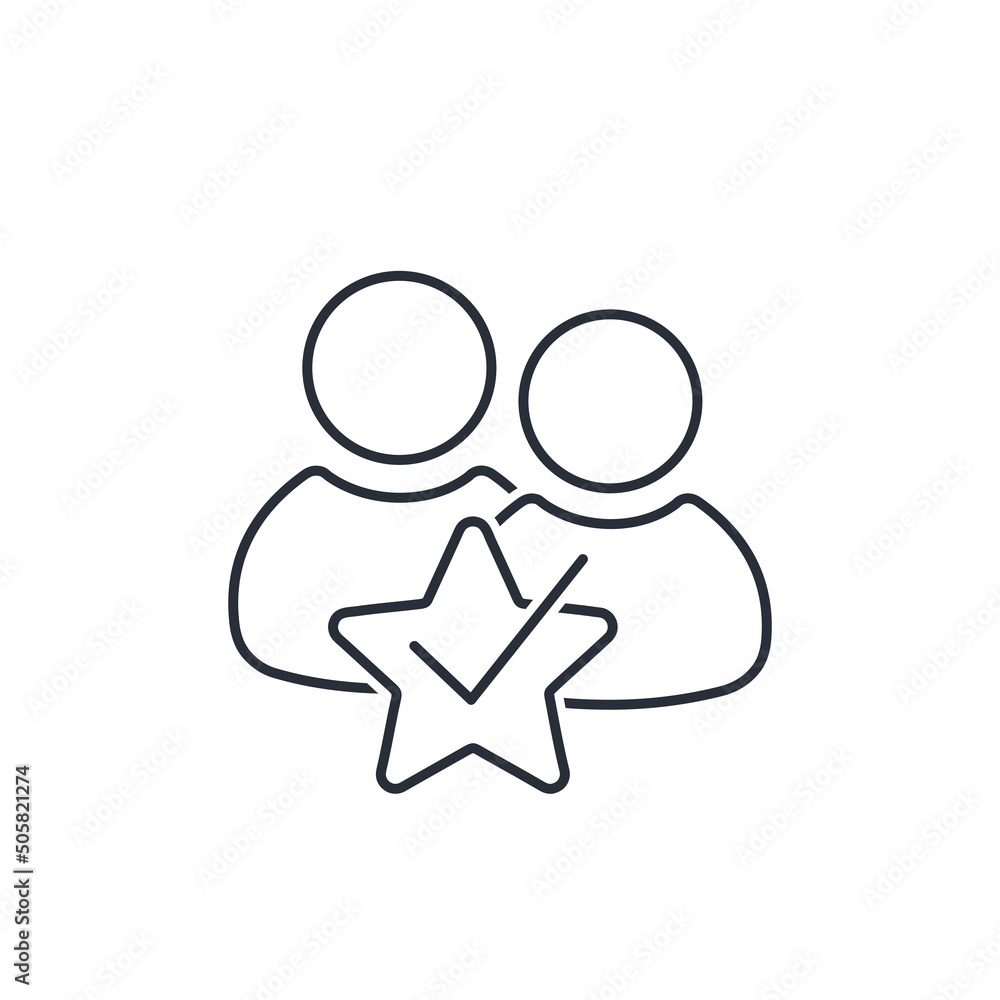 Poster people and a star with a checkmark. advanced capabilities. vector linear icon isolated on white back