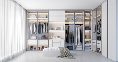 White luxury walk in closet interior with light frome the window.3d rendering - obrazy, fototapety, plakaty