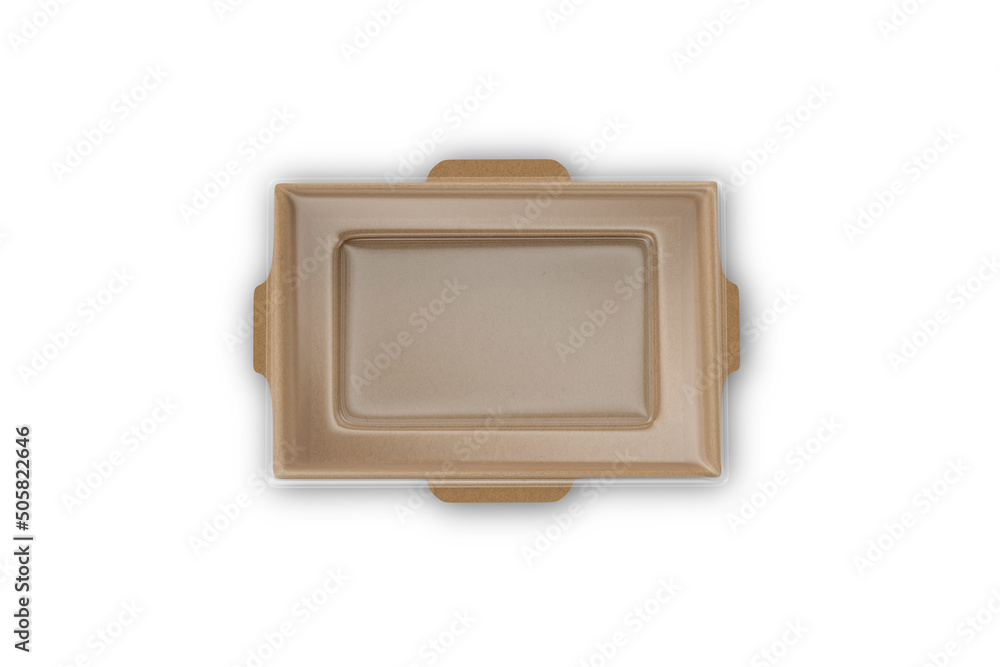 Poster food tray with blank label. rectangular paper container for food with a transparent lid. biodegradab