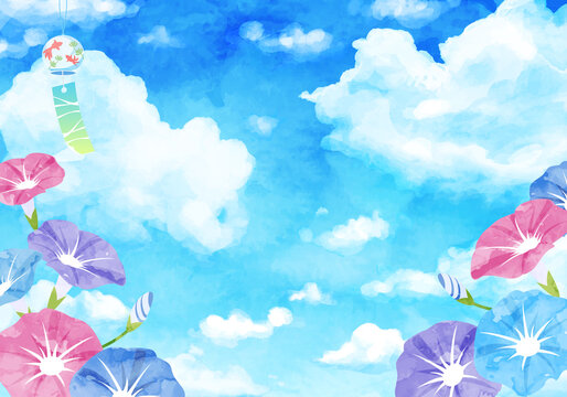 朝顔と雲と風鈴の夏のベクターイラスト水彩背景(art,holiday,japan,japanese)