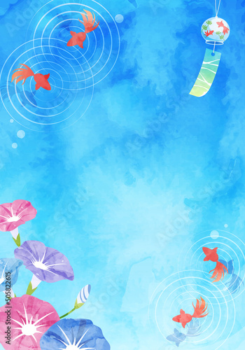 朝顔と金魚と風鈴の夏のベクターイラスト水彩背景 Art Holiday Japan Japanese Background Canvas Print Backgrou Honyojima