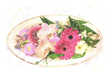 Orchids and gerberas on a retro plate. Colored pencil drawing