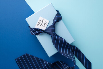 Father's Day concept. Top view photo of blue necktie on giftbox with postcard on bicolor blue background