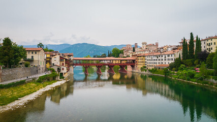 Aerial View of the Alpini Bridge with the Brenta River in Bassano del Grappa, Vicenza, Veneto,...