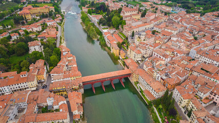 Aerial View of the Alpini Bridge with the Brenta River in Bassano del Grappa, Vicenza, Veneto,...