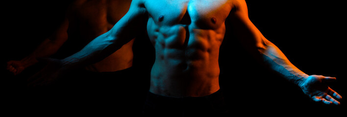Muscular man body on a black background. Naked strong body, nude male. Sexy naked torso, six pack...