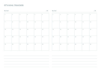 Note, scheduler, diary, calendar planner document template illustration. Goal tracker. Goals by month.