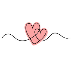 Two Hearts Continuous Line Drawing. Hearts Couple Trendy Minimalist Illustration. One Line Abstract Drawing.