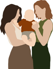 Two girls in love hugging their little child