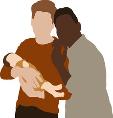 Gay men couple hugging and holding their sleeping baby