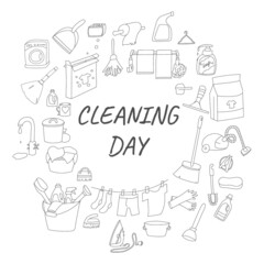 Black and white doodle set of household appliances. Cleaning day. Vector illustration.