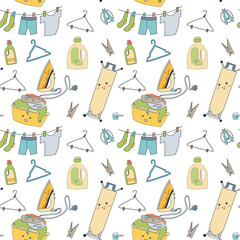 doodle seamless pattern of items for home cleaning. Kawaii smiling faces, cute items. Vector illustration