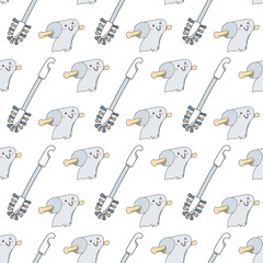 doodle seamless toilet paper pattern and brush. Kawaii smiling faces, cute cartoon items