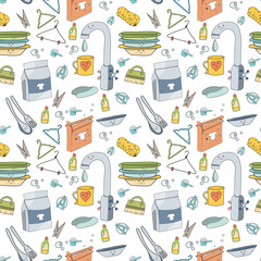 doodle seamless pattern of items for home cleaning. Kawaii smiling faces, cute items. Vector illustration